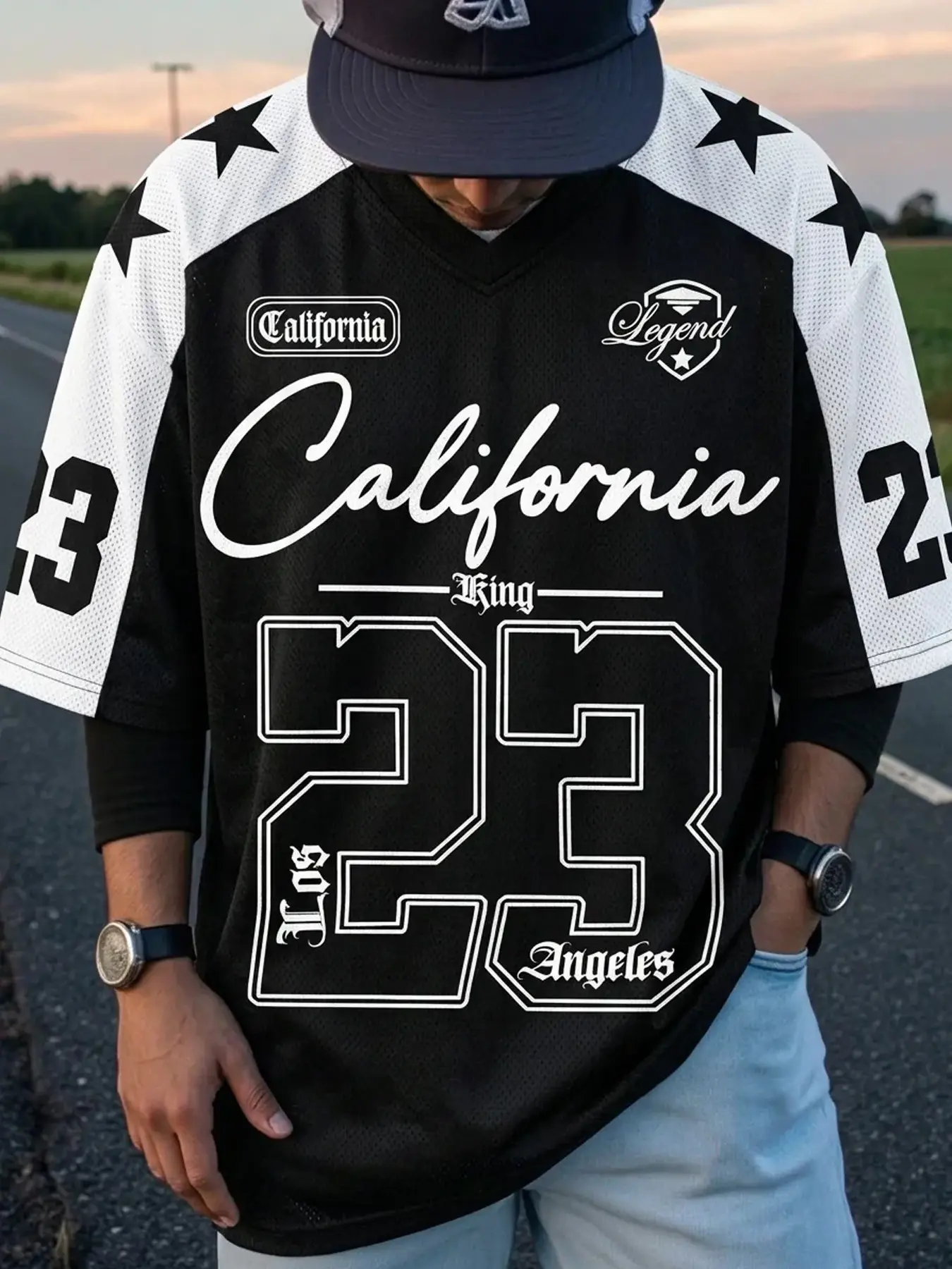 Men's Oversized Black & White V-Neck Mesh Jersey Shirts, Fan Sportswear Top, Breathable Sports Tops - Breathable Quick-Dry Fabric, California King Legend & Number 23 Print, Star Colorblock Sleeves, Streetwear/Basketball/Daily Outfits, All-Season
