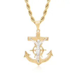 Two-Tone Anchor Pendant 14k Heavy Gold Plated Silver Jesus Accent 6mm Rope Chain for Men 60mm High 80mm with Bale 45mm Width Lifetime Replacement