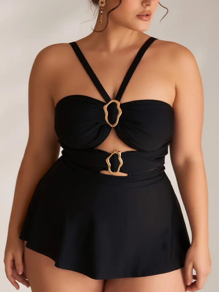 Women's Plus Size Solid Black Skirted 1-Piece Swimsuit for Women - Cutout Gold Ring Straps, Tummy Control Shapewear, Plus Size Bathing Suits for Vacation, Resort Use, Bathing Suit Dress With Belly Coverage, Shapewear Goals, Swimming, Opaque, Slim Waist, F