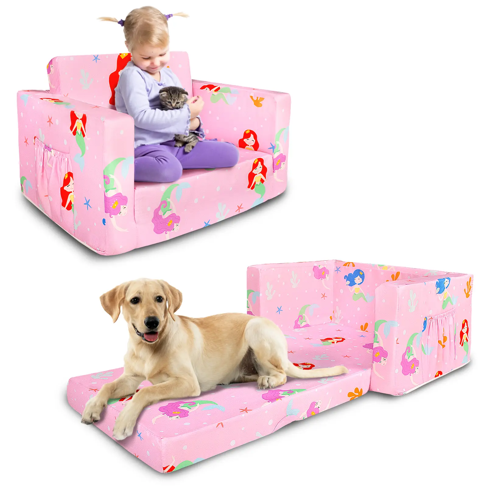 Kids Couch: Super Soft Toddler Sofa Bed Fold Out for Girls and Boys Flip Out Convertible Lounge Chair