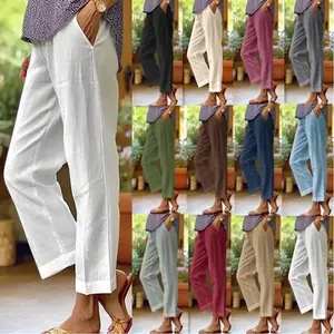 -Waisted Linen Casual Pants Women Loose Fit Elastic Waist Pockets Pure Color