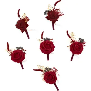 TINGE TIME Boutonniere for Men Wedding, Set of 6, Ketchup Red Artificial Groom and Best Men Boutonniere for Wedding Ceremony Anniversary, Formal Dinner Homecoming and Prom
