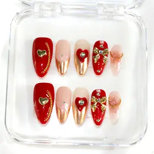 M-Gilded Nails | Luxury Red Gold Bow Heart Rhinestone Press-On Nails