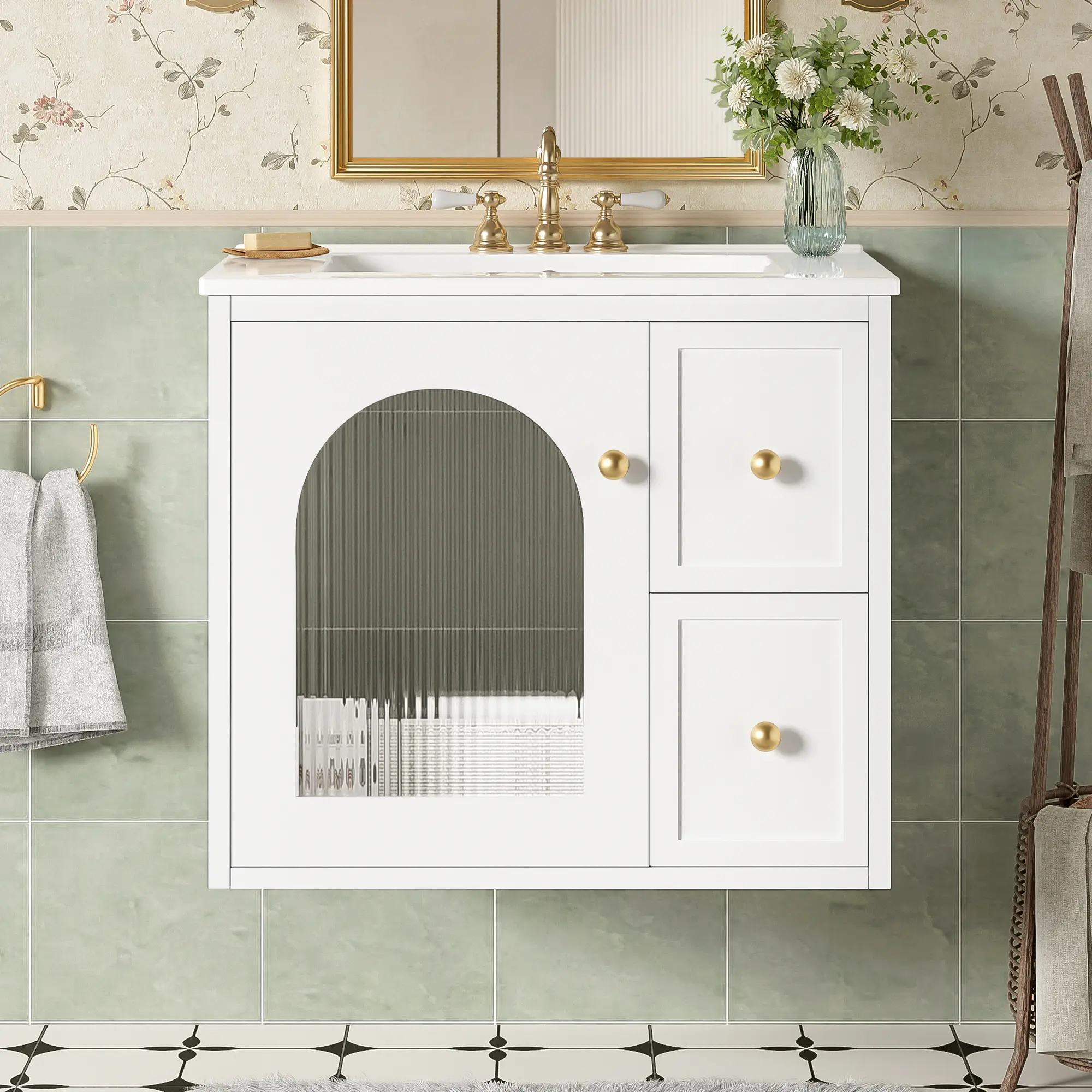 24 Inch Wall Mounted Bathroom Vanity Cabinet Set with Ceramic Sink, 2 Drawers and 1 Soft-Close Door, Modern Floating Bathroom Storage Cabinet for Small Space, White Finish, Space-Saving Design, Bathroom Furniture for Vanity Area, Storage