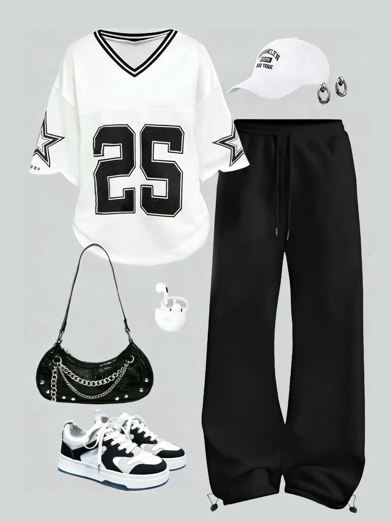 tiktokshopspringglowup Y2K Vintage 25 Jersey Streetwear Outfit | Oversized V-Neck Graphic Football Tee + Baggy Sweatpants, Retro 90s Hip Hop Casual Sporty Look for Summer 2026, Summer Matching Set