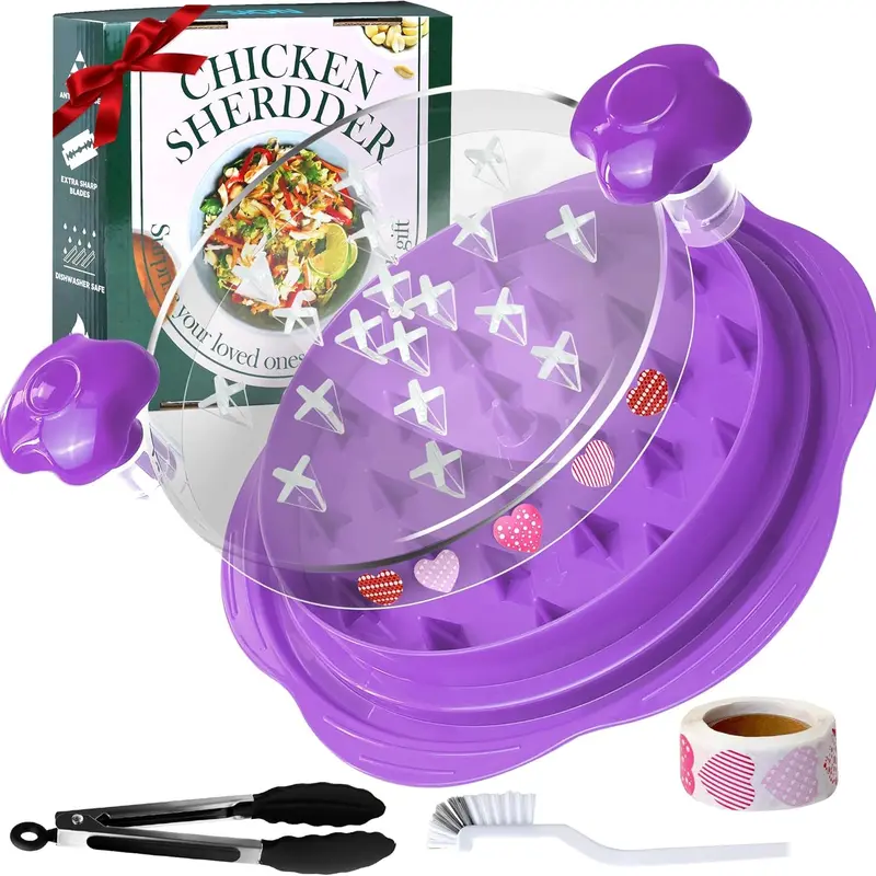 10'' Chicken Shredder Tool Twist Large, AOSION Chicken Shredder, Meat Shredder Visible, Desmenuzador De Pollo Ergonomic Handle, Includes Brush, Food Holder, DIY Sticker (Purple)