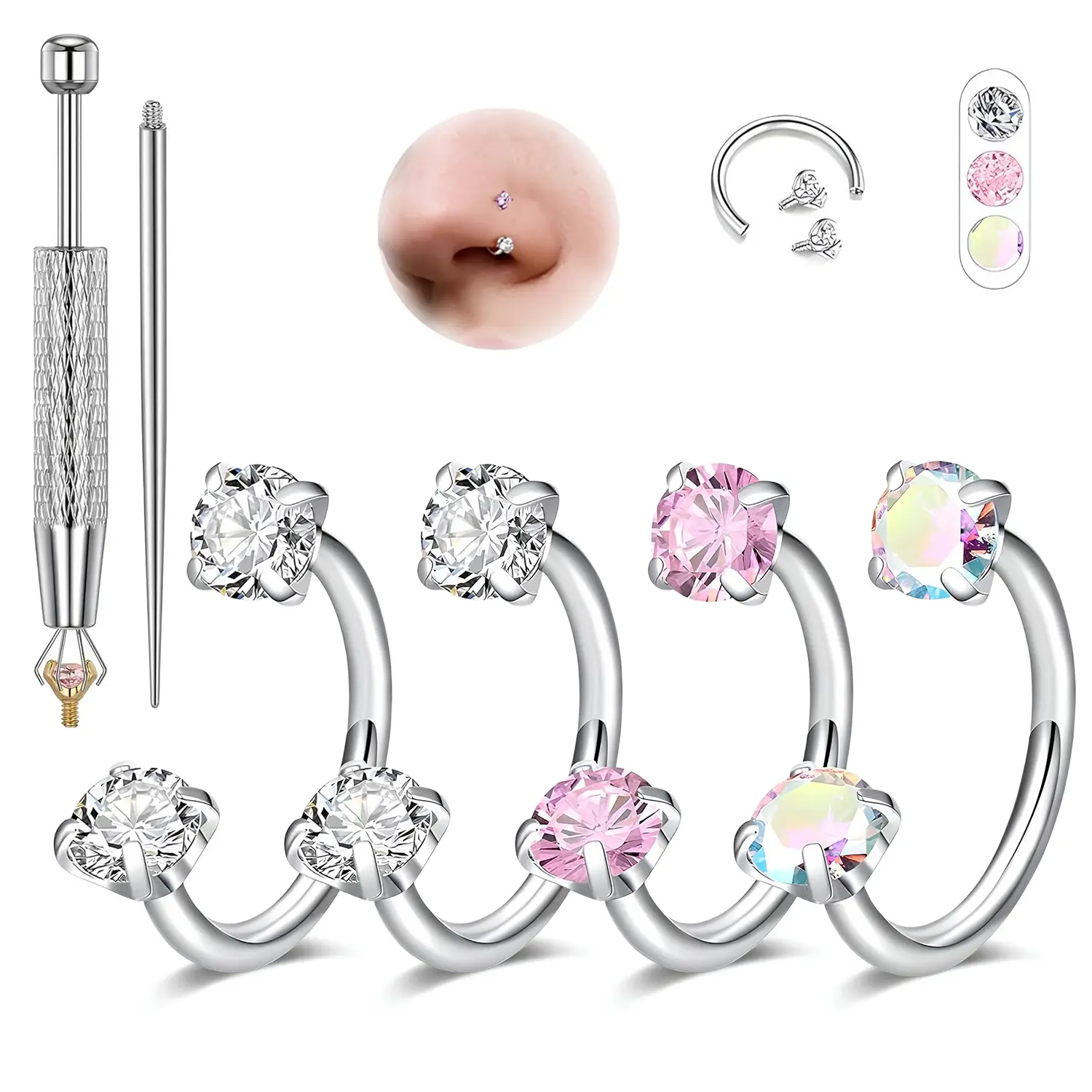 4PCS Internally Threaded Nose Rings Hoop Set, Stainless Steel Nose Hoops, Includes Ball Holder & Guiding Needle for Women & Men