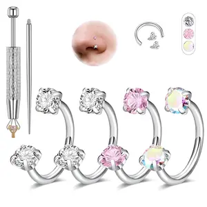 4PCS Internally Threaded Nose Rings Hoop Set, Stainless Steel Nose Hoops, Includes Ball Holder & Guiding Needle for Women & Men