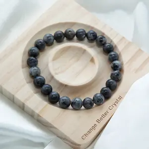 Natural Black Labradorite Bracelet Gemstone Crystal Beads Bracelet Energy Healing Purplish Beaded Elastic String for Men Women Reiki Yoga Handmade Jewelry