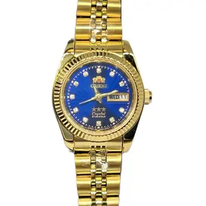Orient Women President Day Date Automatic Watch 3 Star Diamond Blue Dial Gold Tone Bracelet Elegant Design Analog Display Water Resistant