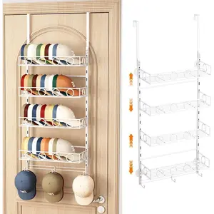 Over Door Hat Organizer 5 Tier Wall Mounted Hat Rack with 4 Adjustable Metal Basket and 3 Hooks Hat Organizer for Baseball caps Hat Hanger Holder Display for Door Closet Cap Organizer Storage