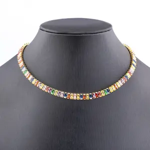 Nidin Classic Colorful Tennis Necklace Men and Women Rectangular Full Zircon Neck Jewelry Adjustable Wedding Party