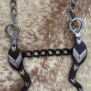 Western Antiqued Brown Steel 5” Chain Mouth Bit Engraved German Silver Cheeks