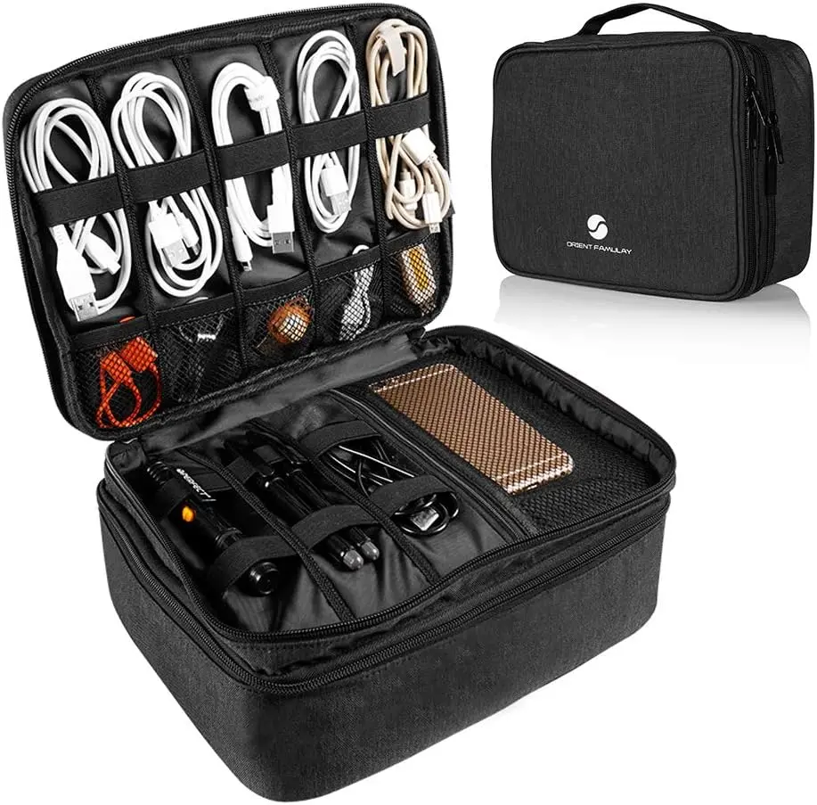Travel Electronics Organizer,   Organizer Bag for  Accessories Double Layer Large Shockproof  Storage Bag for Cord, Power , Tablet(Up to iPad 11 inch) - Black