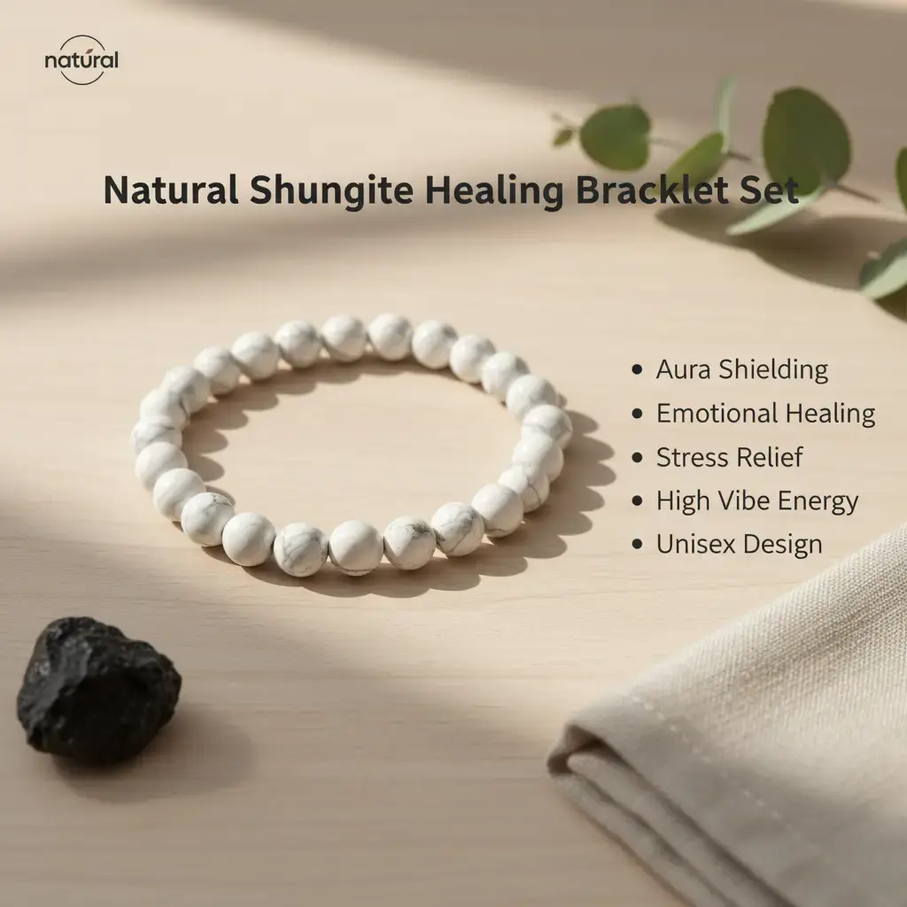 Natural Shungite 8-10mm Round Beads Bracelet Set - Men's & Women's Healing Crystal Jewelry with Aura Shield, Emotional Healing, Energy Protection