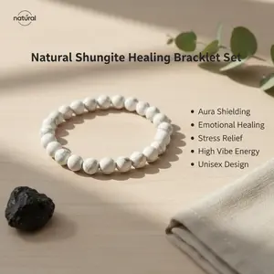 Natural Shungite 8-10mm Round Bead Healing Crystal Bracelet Set for Men Women Shield Aura Emotional Healing Stress Relief High Vibe Protection Stones