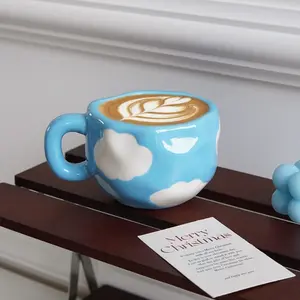 1pc Blue Sky Cloud Ceramic Mug, Irregular Handmade Coffee Cup, Drinkware, Ideal for Home Decor, Parties, Gifts and Morning Milk