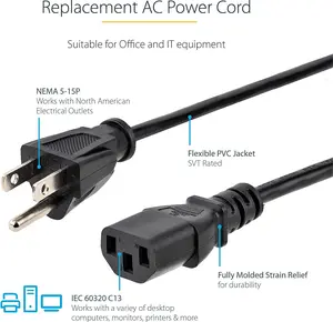 12FT Computer Power Cord (NEMA 5-15P to C13) – Universal PC, Monitor & Printer Cable | Heavy Duty 10A 125V, 18AWG Replacement AC Power Cable, UL Listed StarTech.com