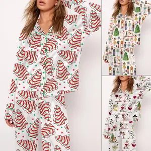 Christmas Pajama Set For Women Print Comfy Satin Sleepwear & Loungewear Pjs Short Sleeve Top & Bottoms Shorts Without Pockets - SHESHOW