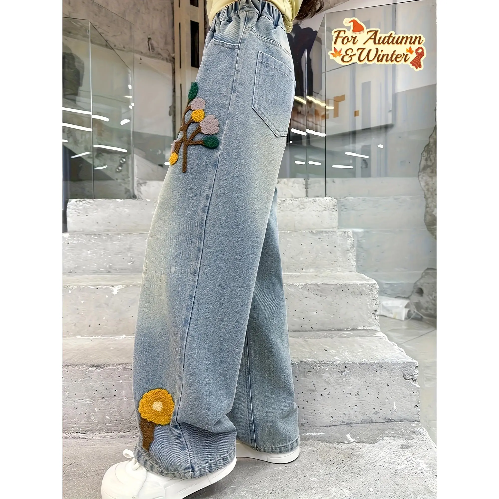 Y2K Girls' Faux Denim Pants |         Embroidered Flower Wide-Leg@,Cute Autumn/Winter Pants - Elastic Waist Straight-Leg - Sweet Elegant Vibe |         Casual/Vacation Girl’s Clothing