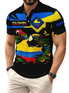 Columbia Flag & Tropical Wildlife Print Polo Shirt, Cultural Pride Casual Top, Fitted Style, Comfortable Daily Wear