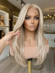 Topshe 22-Inch Layered Platinum Blonde Straight Hair Wig, 13x6 Fiber Lace High-Temperature Silk Medium Length, Free Part Design, Spring Accessory, Blonde Wigs