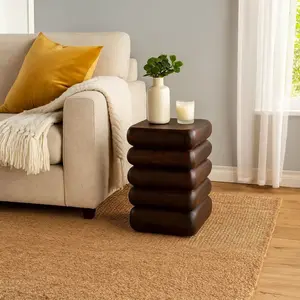 Zyra 18" Side End Table | Sculptural Stacked Design |  Dark Cherry Brown Acacia Wood By The Urban Port