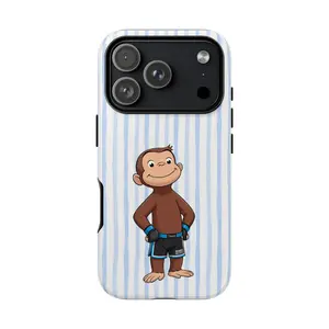 Curious George Cartoon Monkey Fighter Phone Case, Blue Stripe Funny Animal Art Trendy Tough Athletic Aesthetic Cellphone Casing, Heavy-Duty Shockproof Protective Accessories for iPhone 17 Pro Max,16 Air,15,14,13,12,11 Handheld Devices