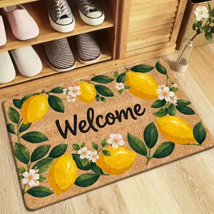 Lemon Floral Welcome Mat, Bright Lemon Print with Flowers, Non-Slip Backing, Absorbs Dust and Moisture, Easy to Clean