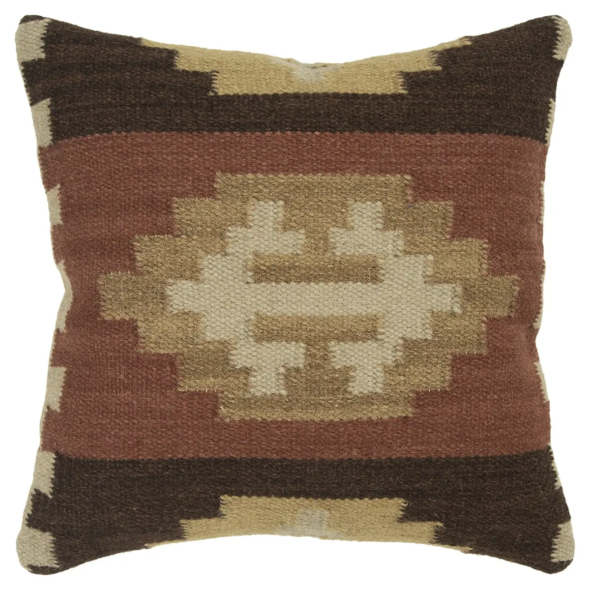 Handcrafted 360-Stand Down-Filled Square Throw Pillow - 18"x18"x6.25", Cotton Flat-Woven Removable Cover, Brown & Beige Tribal Motif, Boho Vibe, Earthy Tones