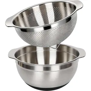 304 Stainless Steel Colander, 2.5 QT Capacity and 2.5 QT Mixing Bowl, Micropore Strainer for Washing Rice, Fruit, and Veggies,  Draining for Cooked Pasta