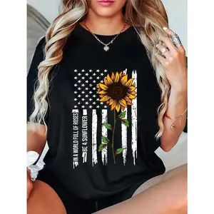 100% Cotton In A World Full Of Roses Be A Sunflower American Flag T-Shirt Everyday Graphic Tee for Women Casual Crewneck Tops
