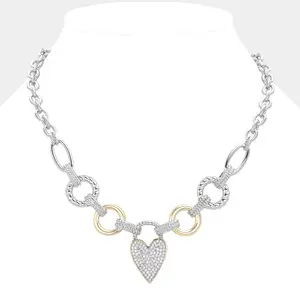 14K Gold Plated Two Tone CZ Stone Paved Heart Necklace