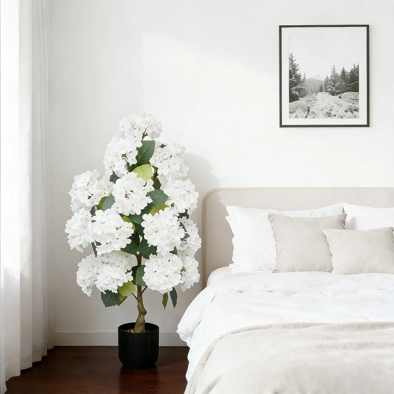 2pcs Potted Artificial White Hydrangea Trees, 90cm Height, 20cm Pot Base Diameter, 5.5kg, UV-Resistant No-Fade Realistic Blooms, Floral Decor for Daily Indoor Outdoor Home Porch Use