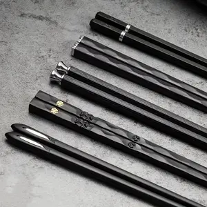 Stainless Steel Chopsticks Set of 5 - Reusable Korean Metal Chopsticks, Non Slip Textured Grip Dishwasher Safe Heat Resistant Black Silver Alloy Chop Sticks for Sushi Ramen Noodles, Elegant Dining Utensils Gift for Home Restaurant