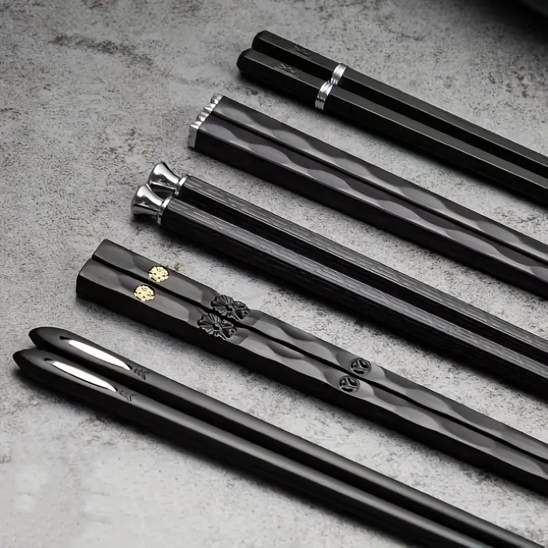 Stainless Steel Chopsticks Set of 5 - Reusable Korean Metal Chopsticks, Non Slip Textured Grip Dishwasher Safe Heat Resistant Black Silver Alloy Chop Sticks for Sushi Ramen Noodles, Tableware Gift for Home Restaurant, Kitchenware Utensils