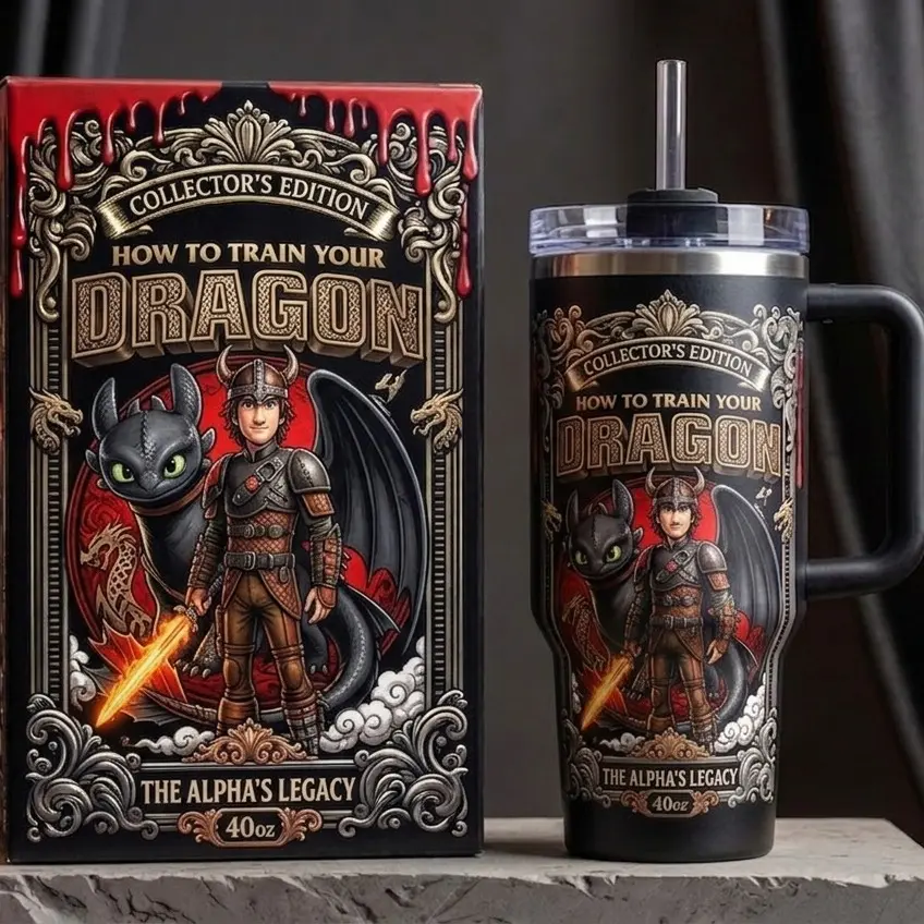 How To Train Your Dragon 40oz Tumbler with Handle & Straw, Dark Fantasy Inspired Insulated Travel Cup, Spooky Doll Aesthetic Drinkware, Halloween Gift for Horror Fans