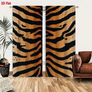2D Flat  2-Piece Faux Fur Tiger Striped Curtains, Warm Light Brown Tan with Black Irregular Stripes & Subtle Spots, Soft Plush Textured Symmetrical Pattern Window Drapes for Living Room Bedroom Decor
