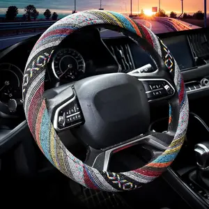 Cloth Steering Wheel Covers for Women Bohemian Universal 15 inch Baja Blanket Enthic Grey