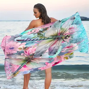 1 Piece Large Rectangular Dragonfly  Soft Floral Design Beach Towel - Turquoise  Pink Quick-Drying Bath Towel Absorbent Suitable for Pool Spa  Travel - Lightweight  Soft