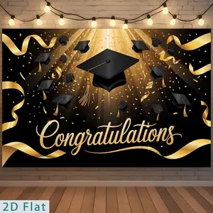 2D Flat - 2D Flat - A Flat 2D Banner for Parties, Featuring a Single Polyester Backdrop with a Golden Graduation Cap And Confetti Design. This Congratulatory Art Print Is Perfect for Graduation
