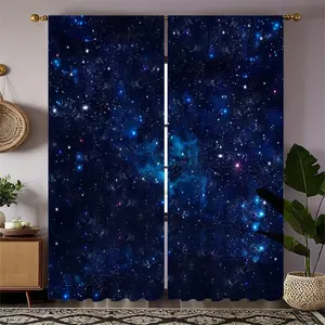 2 Piece Starry Sky Print Curtains, Fashionable Rod Pocket Window Drapes for Kids Room Bedroom Living Room, Comfortable Atmosphere Easy Installation