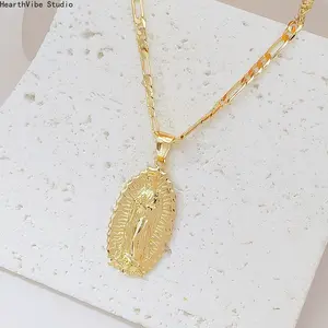 14K Gold Jesus Pendant Necklace with Colorful Cubic Zirconia, Gold Chain, Unisex Accessory