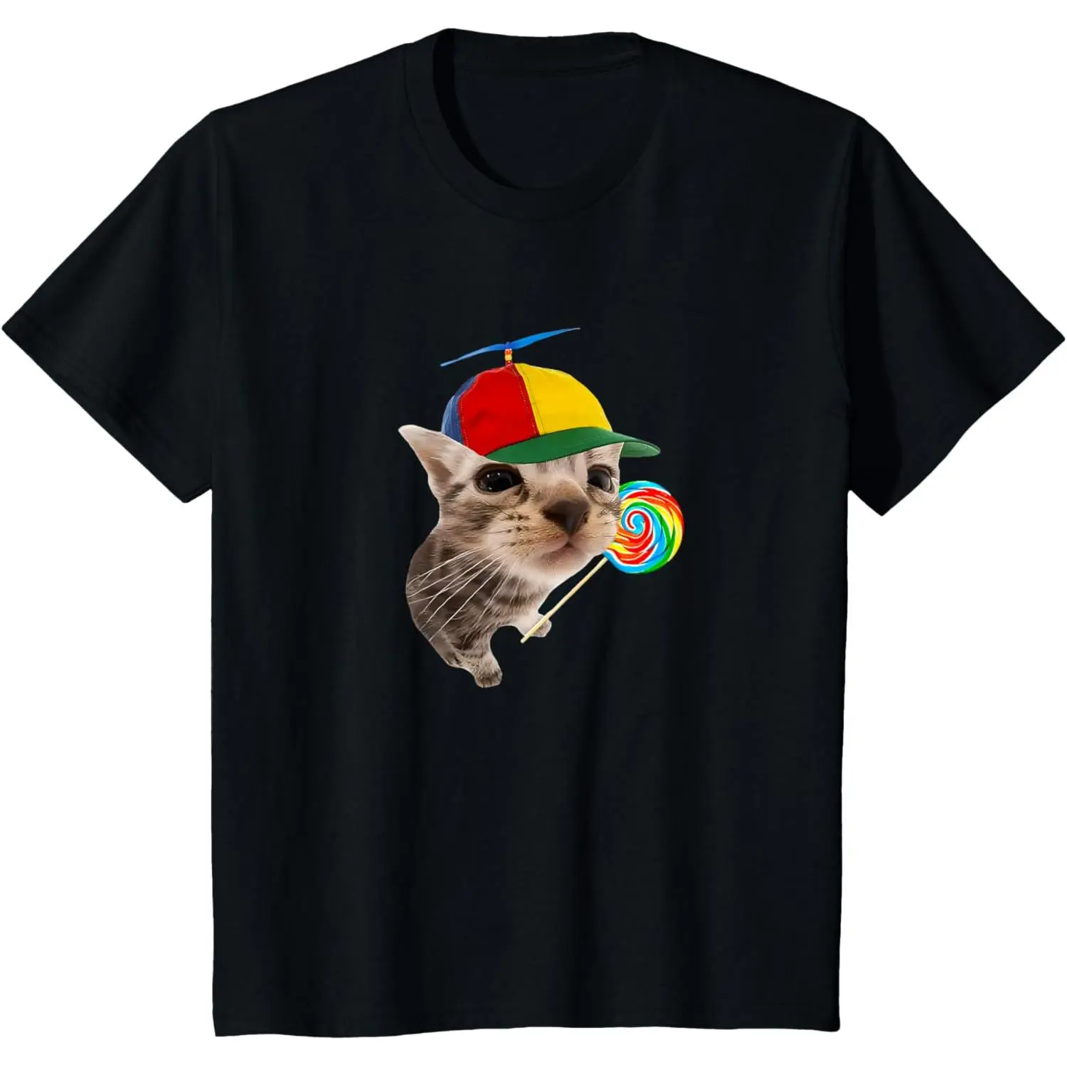 Men's Casual Short-Sleeve Silly Cat With Lollipop Meme T-Shirt, Menswear Top, Unisex Gift, Tshirt, Shortsleeve, Round Neck, Soft, Graphic