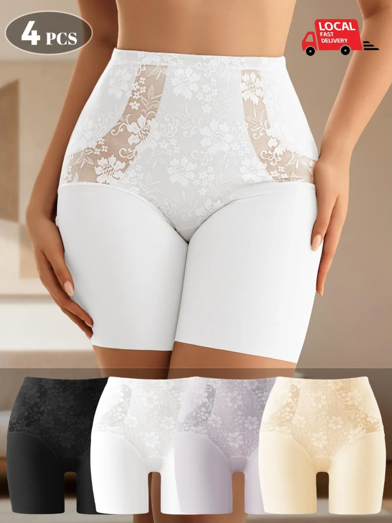 4 Pack Women's High-waisted Lace Shapewear Short  Gentle Tummy Control  Seamless Safety Breathable Comfortable Stretch Underwear Assorted Contrast Lace Panties Set  S-XXL