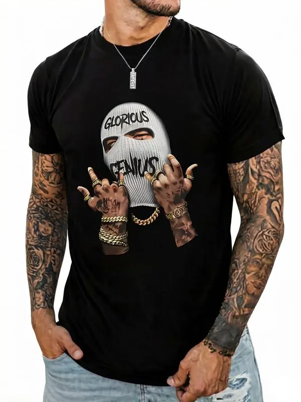 Men's Short-Sleeve Round Neck T-Shirt - 'GLORIOUS GENIUS' Pattern, Regular Fit, All-Season Comfortable Chic Clothes, Casual Menswear Top Crewneck Shortsleeve