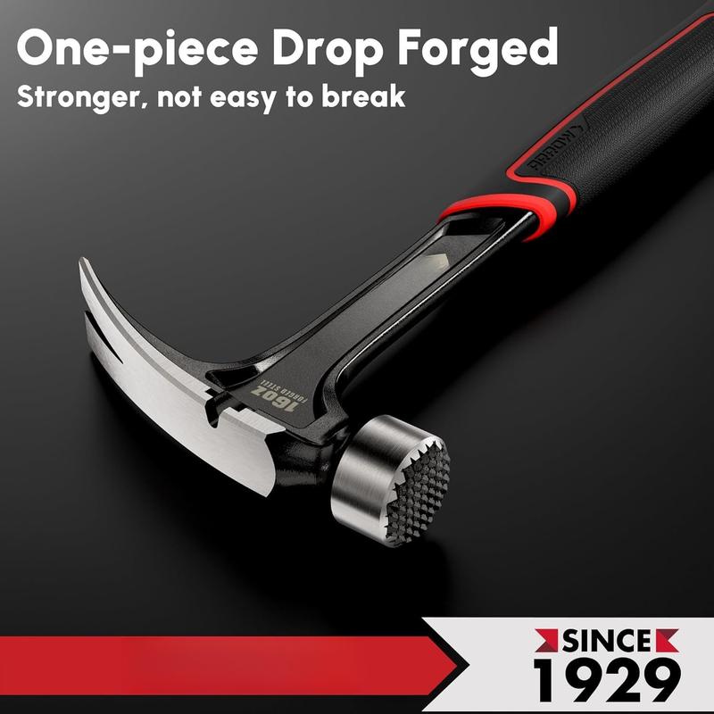 16 oz Straight Claw Hammer, Rip Claw Hammer with Side  Puller, Milled  & Shock Absorbing Grip, One- Forged Hammer