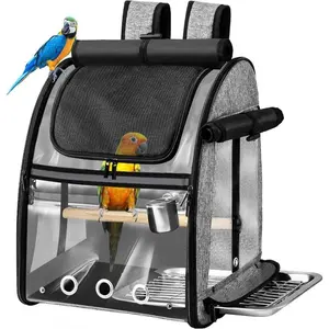 Bird Carrier Bag with Indestructible Stainless Steel Mesh, Bird Travel Cage with Stand, Easy to Clean Backpack for Parrot, Portable Bird Travel Bag, Pet Transparent Breathable Travel Cage