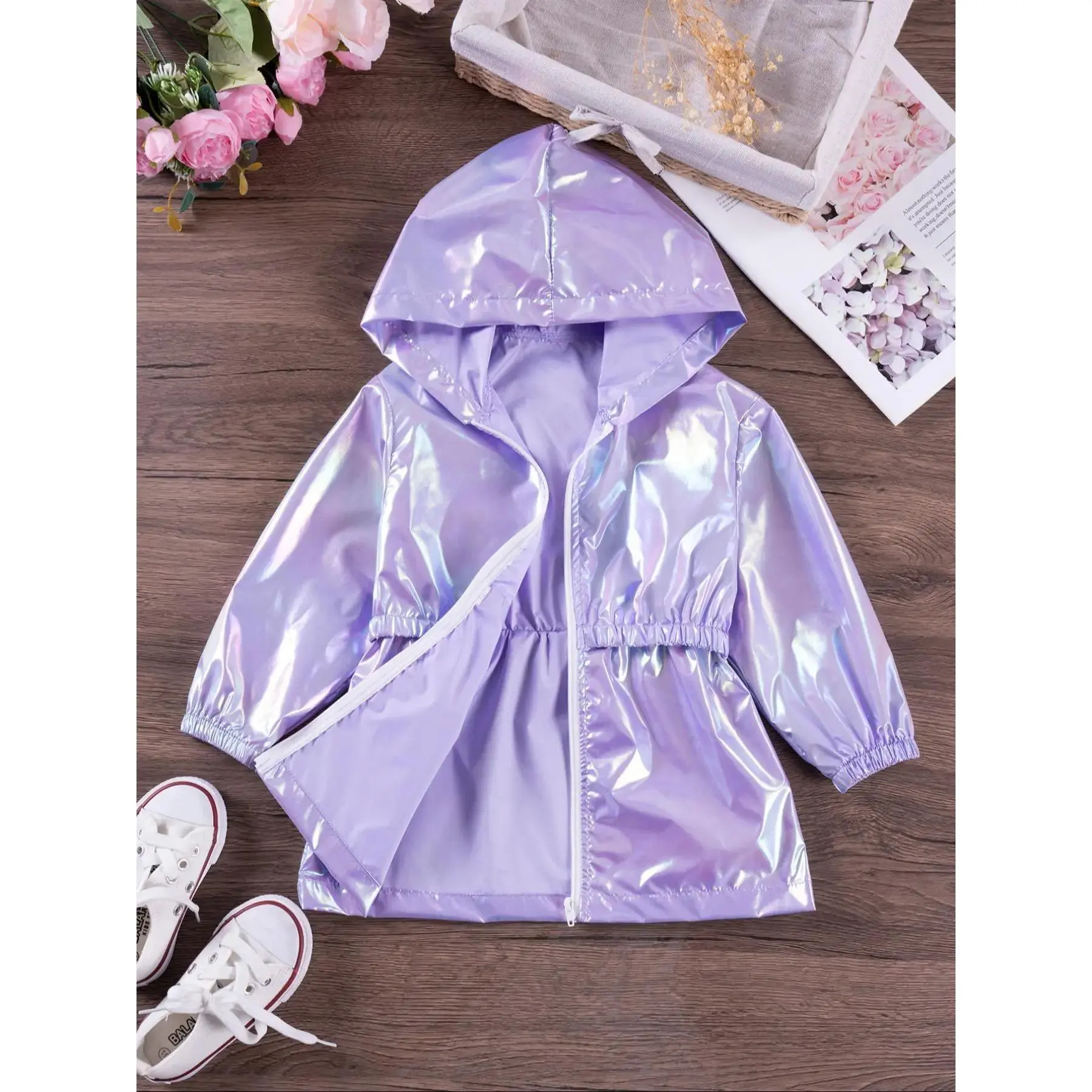 Toddler Girl's Basic Puffer Jacket, Casual Colorful Long Sleeve Hooded Zip-Up Outerwear for Spring and Fall, Fitted, Plain
