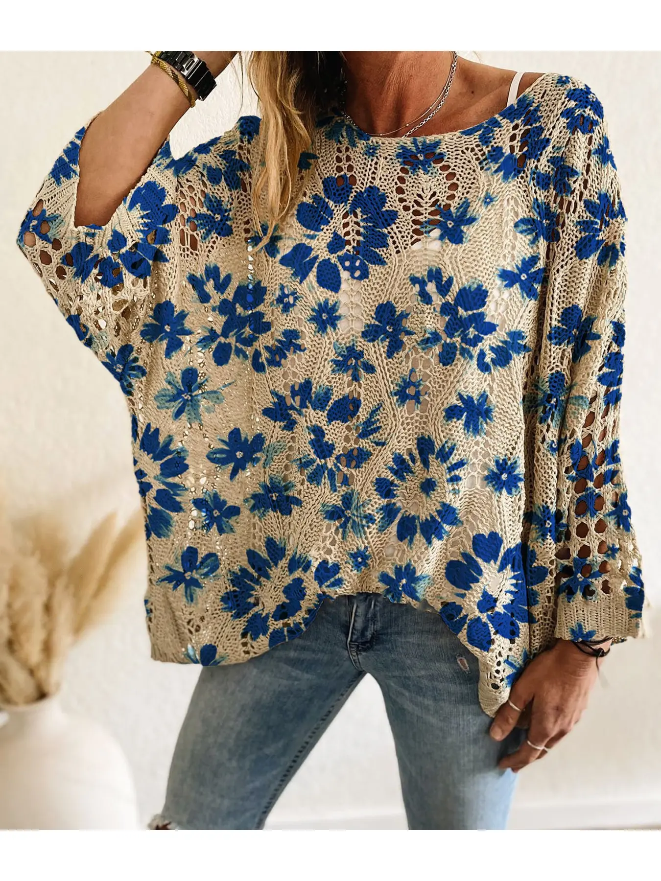 Spring/Summer style, Oversized, boat neck with diamond cutout, batwing drop shoulder loose fit, long-sleeve women's knitted top with contrast color tie-dye floral print, vacation style, casual for commuting, women's vest cover-up
